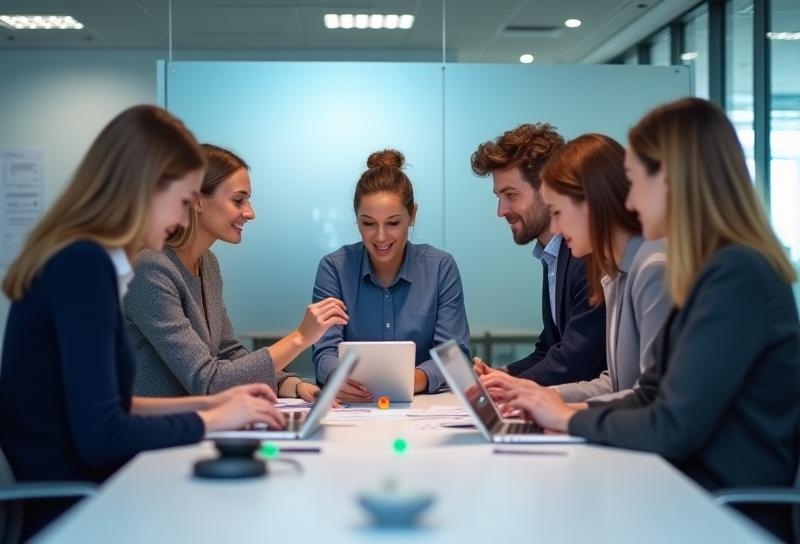 Diverse team members of Eesti Finantsgrupp collaborating around a table.